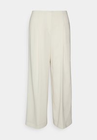 Pantaloni a gamba larga in un colore crema chiaro realizzati in tessuto morbido. Presentano pieghe sul davanti e una vestibilità rilassata. Nessuna tasca o dettagli visibili.