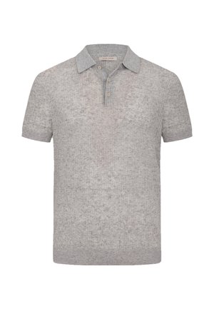 Polo a maniche corte in maglia grigio chiaro con colletto e due bottoni su sfondo bianco, etichetta del marchio visibile all'interno del colletto.