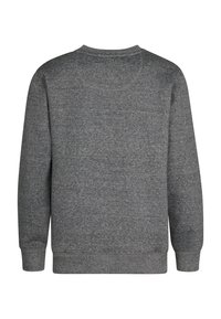 Grauer Pullover mit langen Ärmeln, Rundhalsausschnitt und gerippten Bündchen. Weicher, strukturierten Stoff mit schlichter Gestaltung und ohne sichtbare Muster.