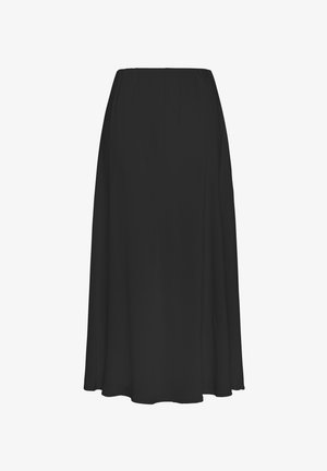 Sort maxi nederdel lavet af glat stof, med en elastisk talje og en flydende A-formet silhuet, der ligeledes hænger blødt.