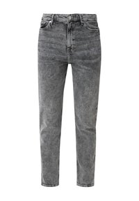 Jean en denim gris à taille haute, coupe droite, avec des détails délavés. Comprend une fermeture à bouton et à glissière ainsi que des poches avant.