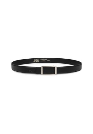Ceinture en cuir véritable noir avec boucle rectangulaire en argent, marquage intérieur de la marque et indications de taille, présentée sur fond blanc.