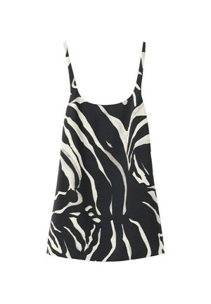 Vestido mini sin mangas con estampado de cebra en blanco y negro, con tirantes finos y escote redondo.