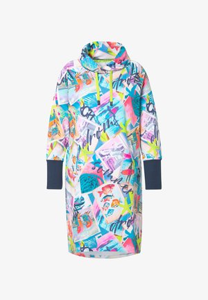 Een hoodie-jurk met een levendige, multikleurige grafische print met verschillende afbeeldingen en tekst. Lange mouwen met donkerblauwe manchetten. Zachte stof.