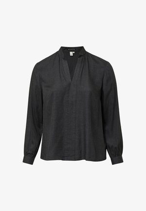 Black long-sleeve blouse with V-neckline, gathered collar, and buttoned cuffs, made from lightweight fabric.