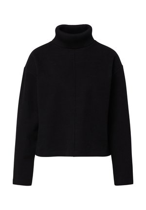 Black turtleneck sweater made from soft fabric, featuring a relaxed fit, long sleeves, and a cropped hem with a simple seam detail.