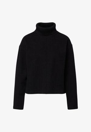 Schwarzer Rollkragenpullover aus weichem Stoff, mit lockerem Sitz, langen Ärmeln und einem kurzen Saum mit einfacher Nahtdetail.