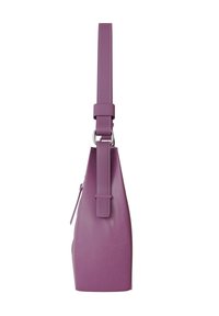 Purple vegan leather handbag with a structured shape, flat top, adjustable strap, and minimal hardware. Textured surface with zipper detail.