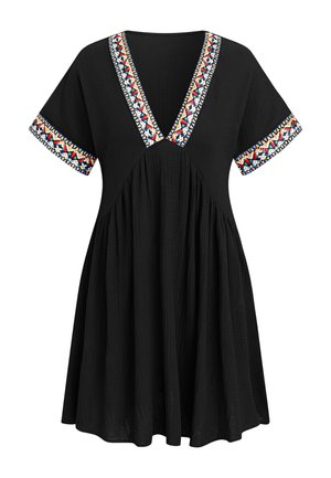 Schwarzes kurzärmeliges Kleid mit V-Ausschnitt, verziert mit bunten Stickakzenten entlang des Ausschnitts und der Ärmel, unterhalb der Brust gerafft.