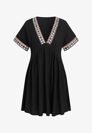 Vestito corto nero con maniche corte e scollo a V, caratterizzato da accenti ricamati colorati intorno al collo e alle maniche, arricciato sotto il busto.