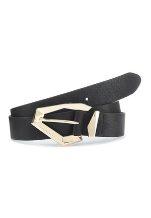 Black textured belt with a gold geometric buckle, coiled on a white background.