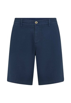 Tamsiai mėlyni vyriški šortai iš medvilnės mišinio, su sagų užsegimu, lygiu priekiu ir standartiniu ilgiu, šoninėmis kišenėmis. Lygus tekstūra.