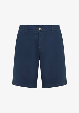 Tamsiai mėlyni vyriški šortai iš medvilnės mišinio, su sagų užsegimu, lygiu priekiu ir standartiniu ilgiu, šoninėmis kišenėmis. Lygus tekstūra.