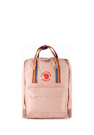 Light pink rectangular backpack with a front zipper pocket, rainbow-colored handles and straps, and a red circular logo at the top center.