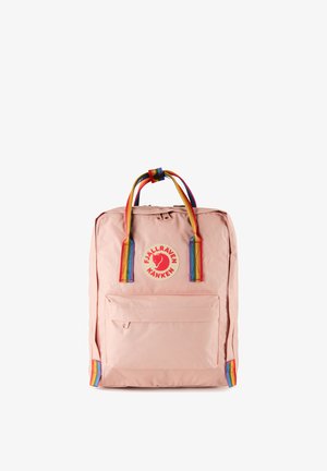 Light pink rectangular backpack with a front zipper pocket, rainbow-colored handles and straps, and a red circular logo at the top center.