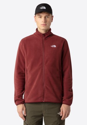 Hombre vistiendo una chaqueta de forro polar burdeos con cremallera, pantalones oliva y una gorra negra de North Face contra un fondo blanco liso.