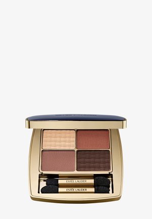 Eyeshadow palette featuring four shades: light beige, soft pink, warm brown, and deep chocolate. Gold casing, navy lid, and dual applicators included.