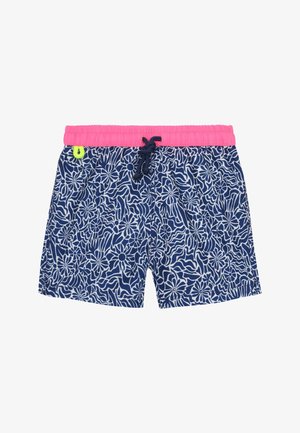 Short de bain bleu marine à motifs floraux blancs, taille élastique rose vif, cordon noir et petite boucle jaune fluo sur le côté gauche.