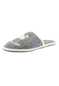 Gray felt slipper featuring a sheep design on the upper, white trim, and a low-profile, rounded shape. Soft texture, indoor use.