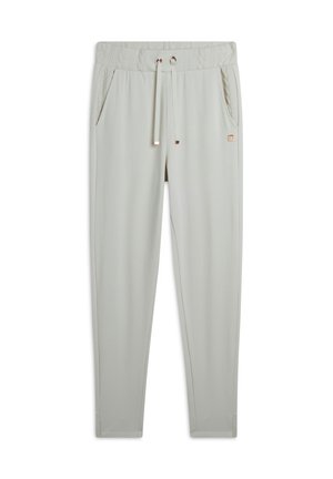 Pantaloni jogger grigi chiari realizzati in tessuto morbido, dotati di una vita elasticizzata con coulisse, tasche laterali e un piccolo logo.