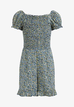 Blå, hvid og gul kort kjole med blomsterprint, smocket overdel, pufærmer, firkantet halsudskæring og flæsekanter.