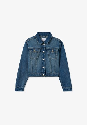 Giacca di denim, lavaggio azzurro chiaro, design cropped, chiusura a bottoni, due tasche sul petto, maniche lunghe, dettagli cuciti.
