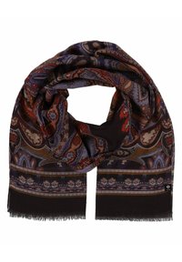 Sciarpa multicolore con intricati motivi paisley in rosso, blu e marrone, con bordo frangiato e un bordo decorativo.