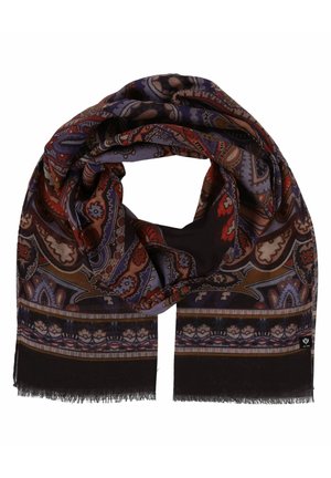 Sciarpa multicolore con intricati motivi paisley in rosso, blu e marrone, con bordo frangiato e un bordo decorativo.
