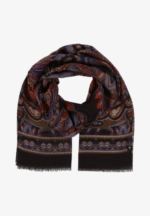 Multikleurige sjaal met ingewikkelde paisleypatronen in rood, blauw en bruin, met een franjematige rand en een decoratieve bies.