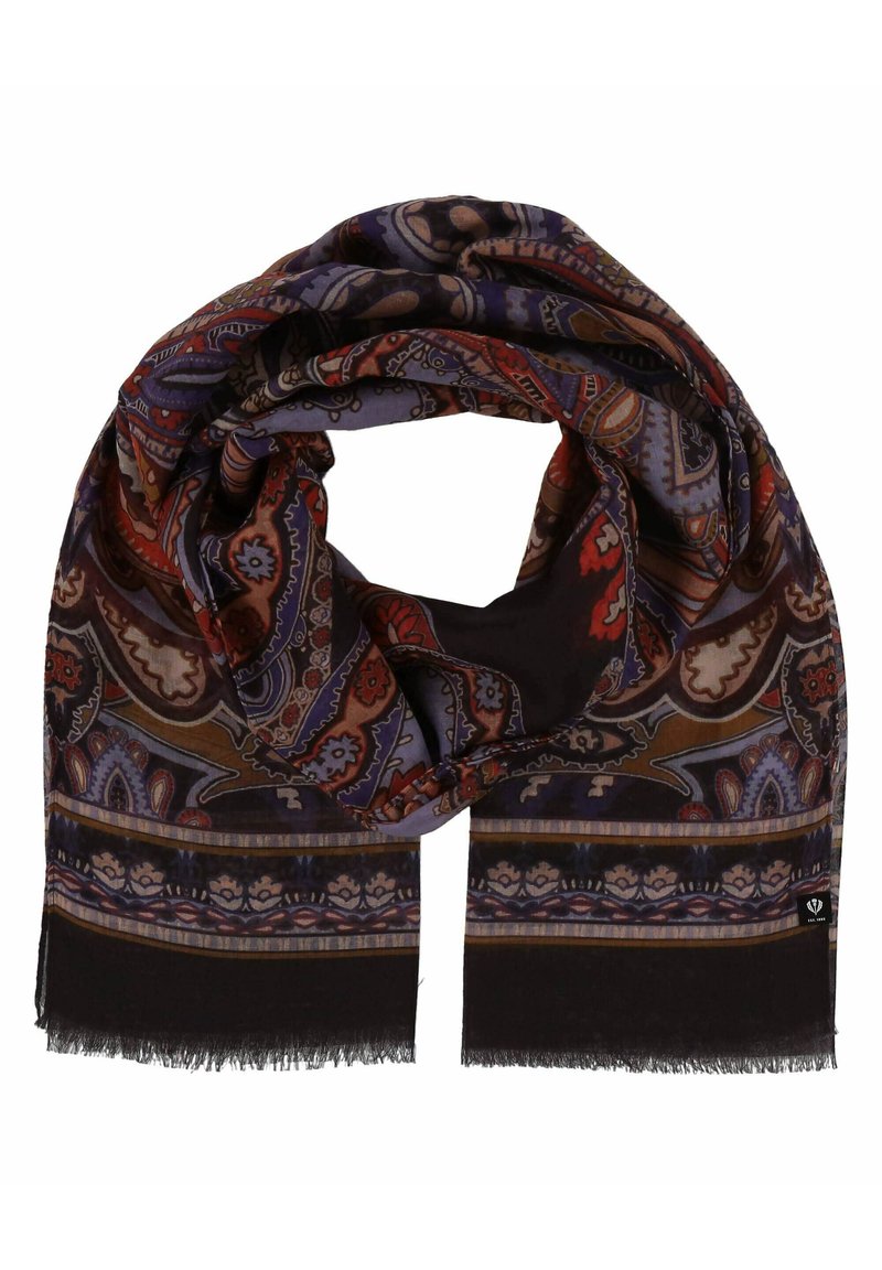 Sciarpa multicolore con intricati motivi paisley in rosso, blu e marrone, con bordo frangiato e un bordo decorativo.