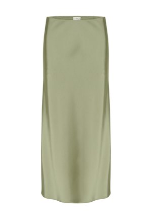 Satin midi skirt in olive green. Features a smooth texture, straight cut, and a high waistband. Minimalist design with no visible hardware or patterns.
