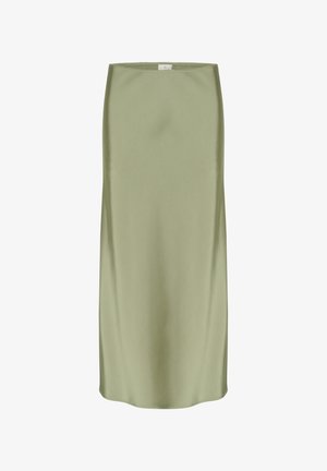 Satinová midi sukňa v olivovej zelenej farbe. Má hladký povrch, rovný strih a vysoký pás. Minimalistický dizajn bez viditeľných kovových prvkov alebo vzorov.