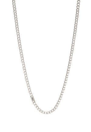 Collana in argento con maglie intrecciate, texture liscia e forma rettangolare uniforme. Dettaglio della chiusura sicura.