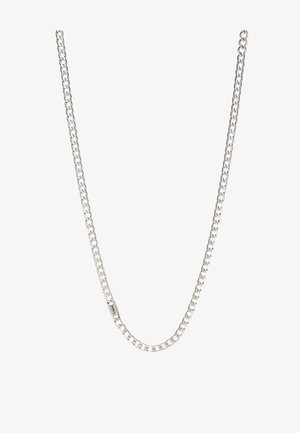 Collana in argento con maglie intrecciate, texture liscia e forma rettangolare uniforme. Dettaglio della chiusura sicura.