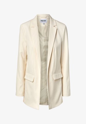 Kreemikarva triibuline bleiser, millel on sälglapellikud, klapiga taskud, pikad varrukad ja sile sisetükk.