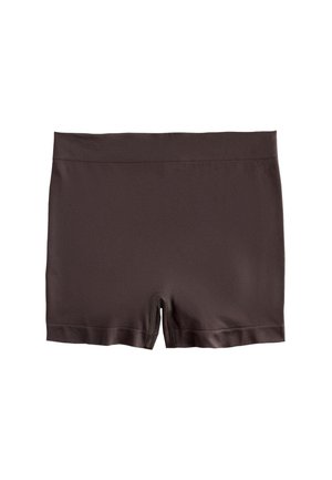 Dunkelbraune nahtlose Boxershorts mit elastischem Bund und Beinen in mittlerer Oberschenkellänge, flach auf weißem Hintergrund liegend.