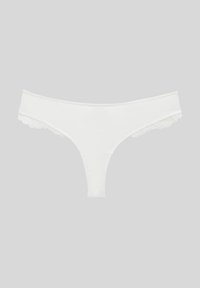 White thong underwear featuring a smooth finish, scalloped lace trim on the sides, and a minimalistic design.
