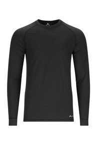 Long-sleeve black shirt in a smooth, elastic material with a crew neck and raglan sleeves. Features minimal stitching and a small logo at the hem.