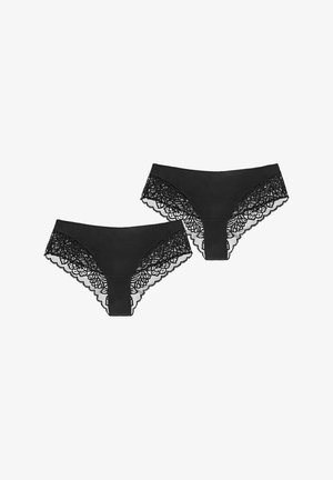 Conjunto de lencería negra que incluye un sujetador acolchado con detalles de encaje y unas braguitas altas a juego con bordes ondulados. Textura de tela suave.