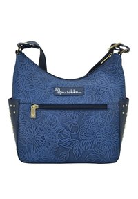 Dunkelblaue Handtasche mit floralem Reliefdesign, goldener Beschläge, oberem Reißverschluss und seitlicher Tasche mit Zipper. Mit Nieten auf einer Seite akzentuiert.