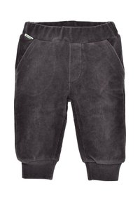 Pantaloni in corduroy grigio scuro con vita elastica, due tasche laterali e polsini a coste alle caviglie. Texture liscia con righe verticali.