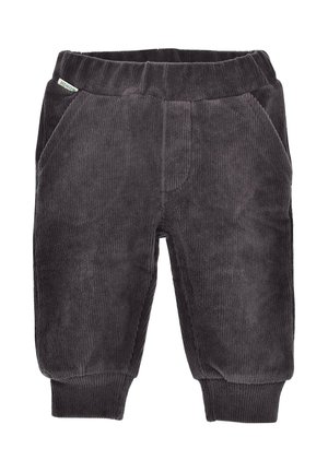 Dark gray corduroy pants featuring an elastic waistband, two side pockets, and ribbed cuffs at the ankles. Smooth texture with vertical stripes.