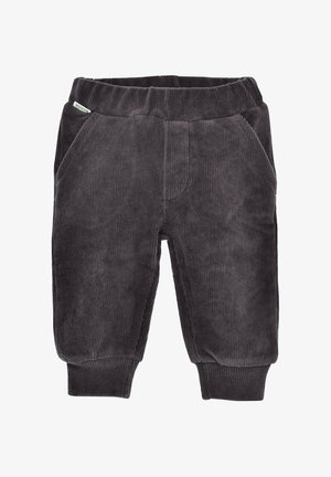 Pantaloni in corduroy grigio scuro con vita elastica, due tasche laterali e polsini a coste alle caviglie. Texture liscia con righe verticali.