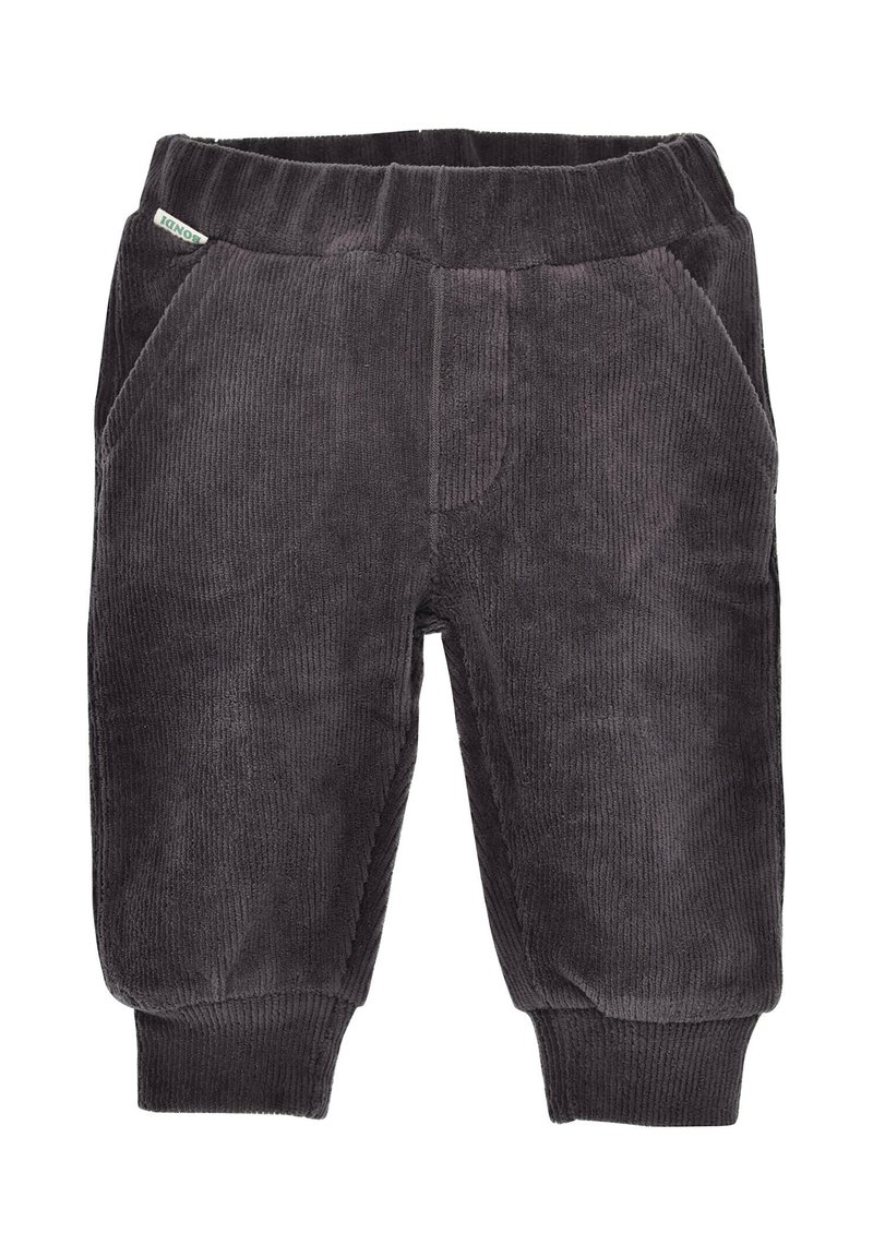 Pantaloni in corduroy grigio scuro con vita elastica, due tasche laterali e polsini a coste alle caviglie. Texture liscia con righe verticali.