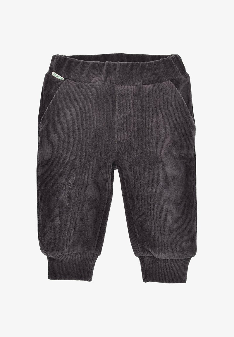Dunkelgraue Cordhosen mit einem elastischen Bund, zwei seitlichen Taschen und gerippten Bündchen an den Knöcheln. Glatte Textur mit vertikalen Streifen.