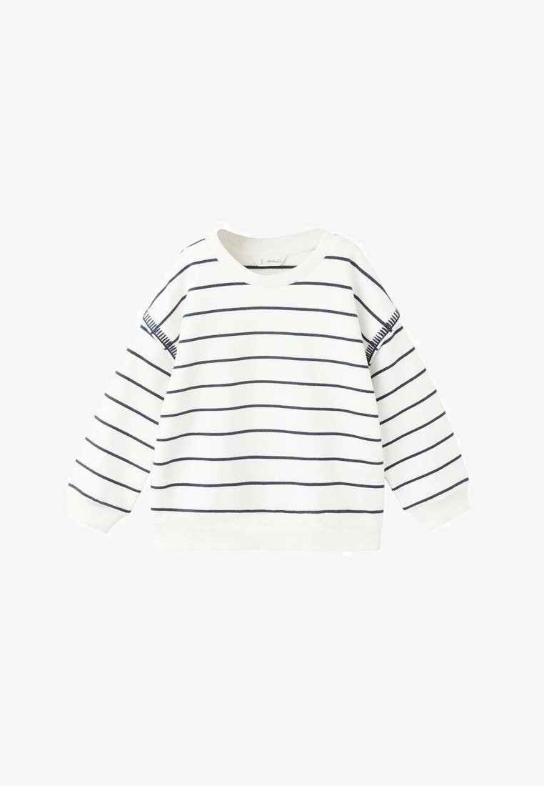 Pull blanc à manches longues avec fines rayures horizontales bleu marine et poignets, encolure et ourlet côtelés, posé à plat.
