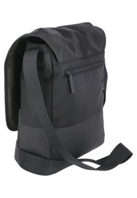 Black messenger bag made of durable fabric, featuring a fold-over flap, front zip pocket, adjustable strap, and sleek, minimalist design.