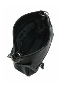 Sac à main en cuir noir avec une surface texturée, vue ouverte montrant un intérieur en tissu noir, une poche zippée et des accents en métal argenté.