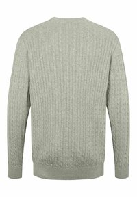 Pull gris clair en maille torsadée avec manches longues et poignets, ourlet et encolure ras du cou côtelés, vu de dos.