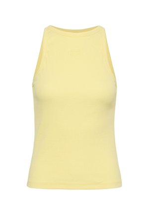 Sárga ujjatlan bordázott trikó magas nyakkivágással és finom dombornyomott logóval a mellkas közepén.